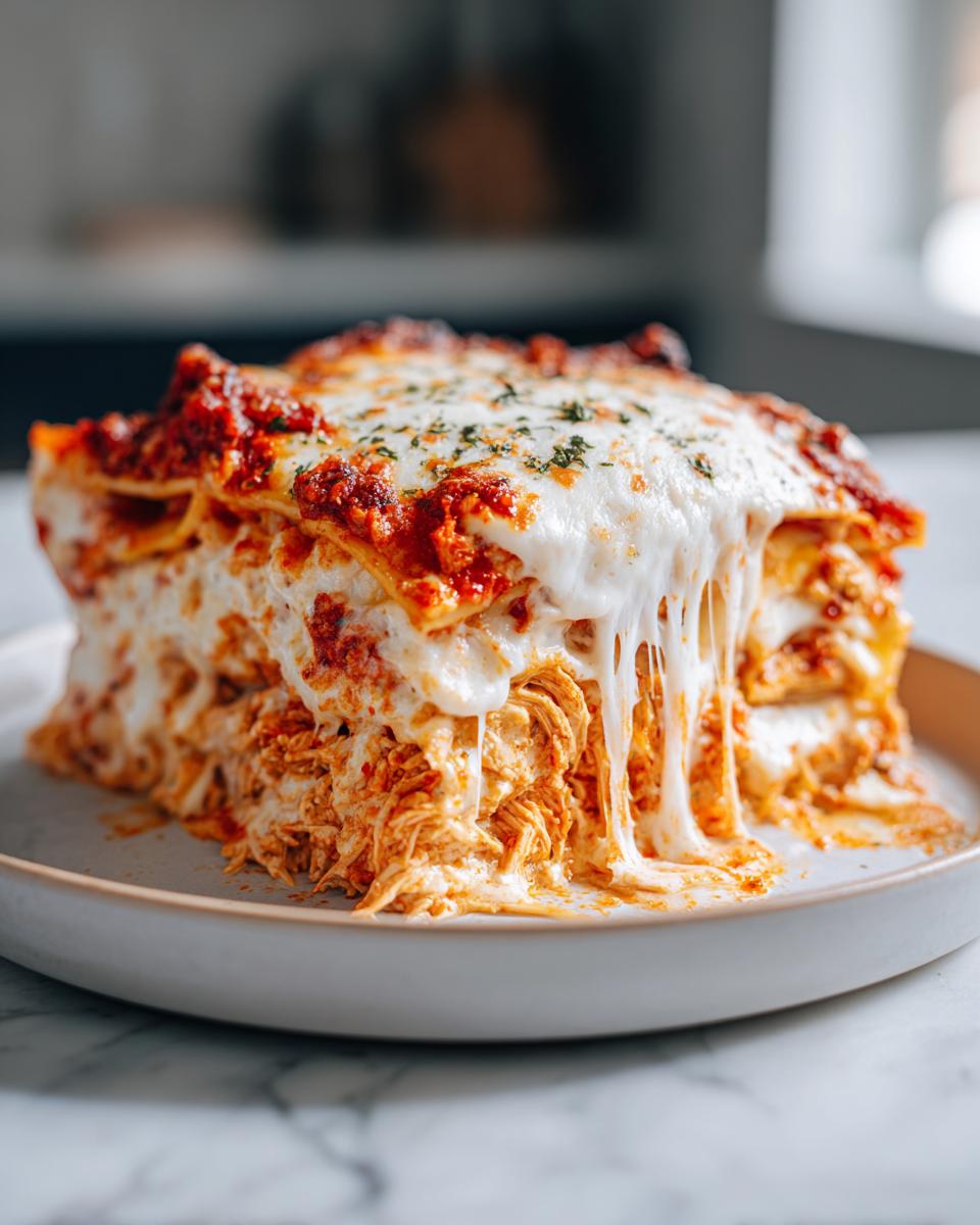 A tall, cheesy slice of chicken alfredo lasagna with melted mozzarella stretching down the side.