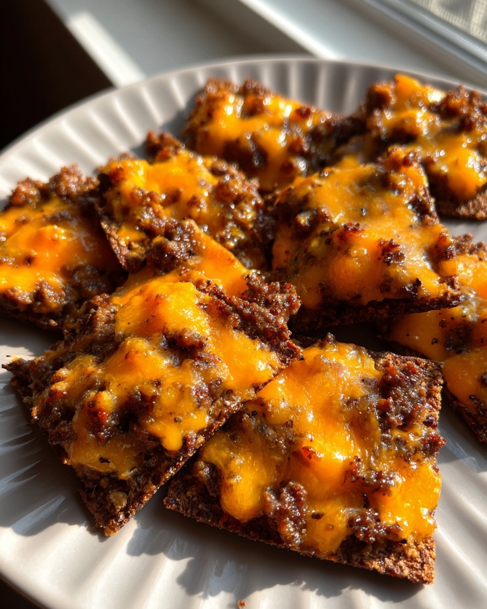 Close-up of several baked hanky panky recipe appetizers topped with melted orange cheddar cheese on a light gray plate.