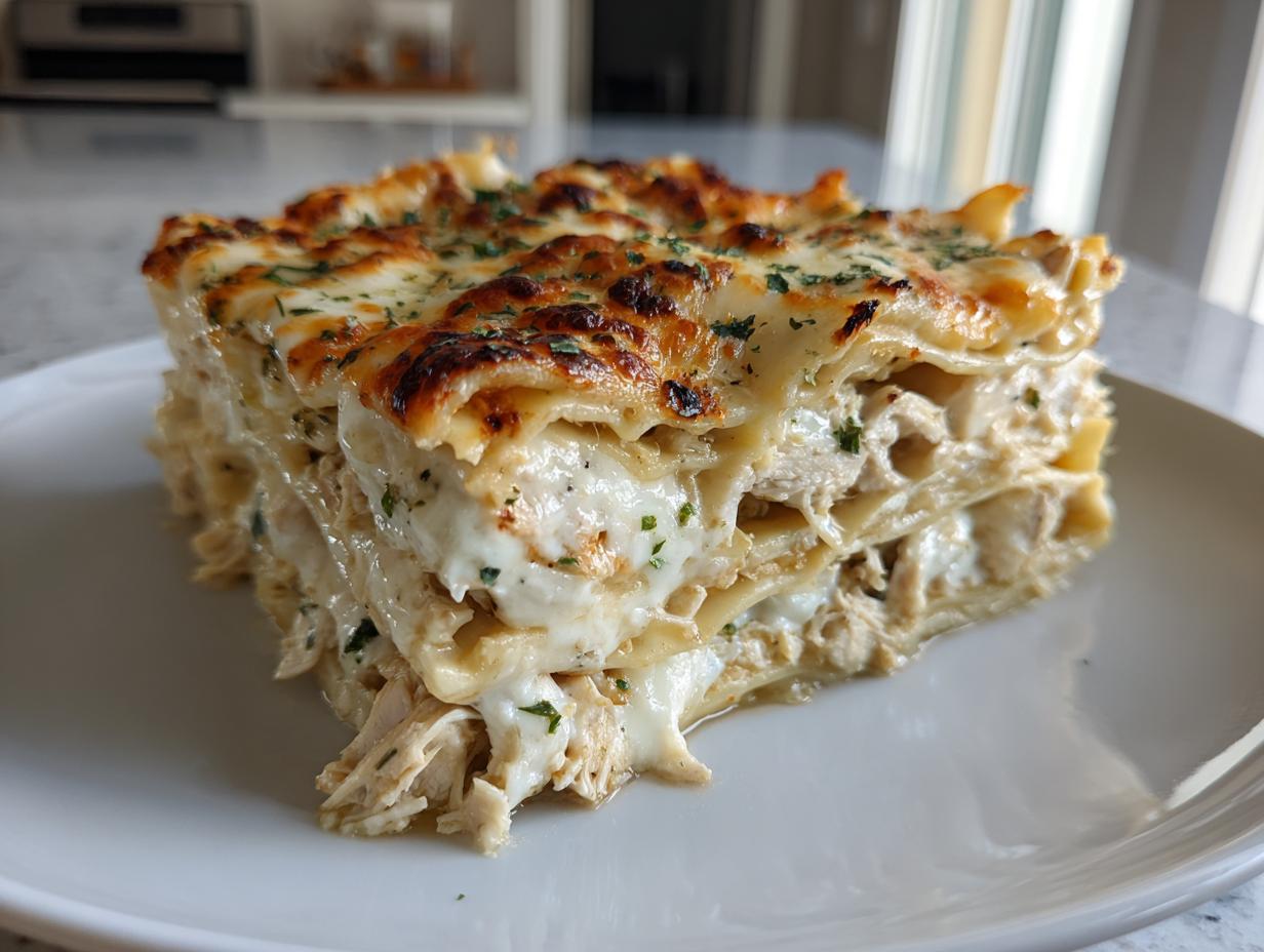 A thick, layered slice of chicken alfredo lasagna showing shredded chicken, white sauce, and a bubbly, browned cheese top.