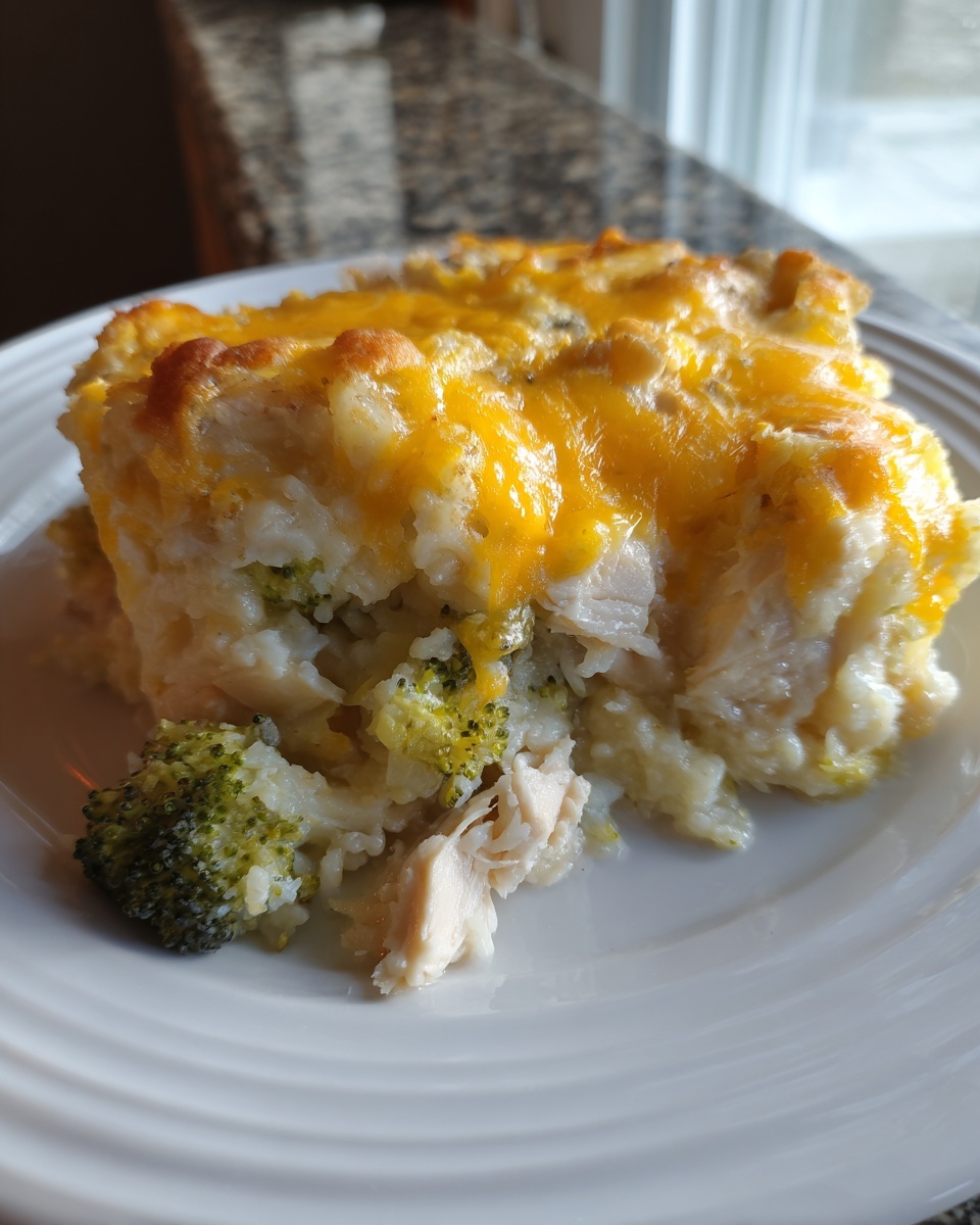 A close-up serving of chicken cauliflower rice casserole topped with melted cheddar cheese and visible broccoli florets.