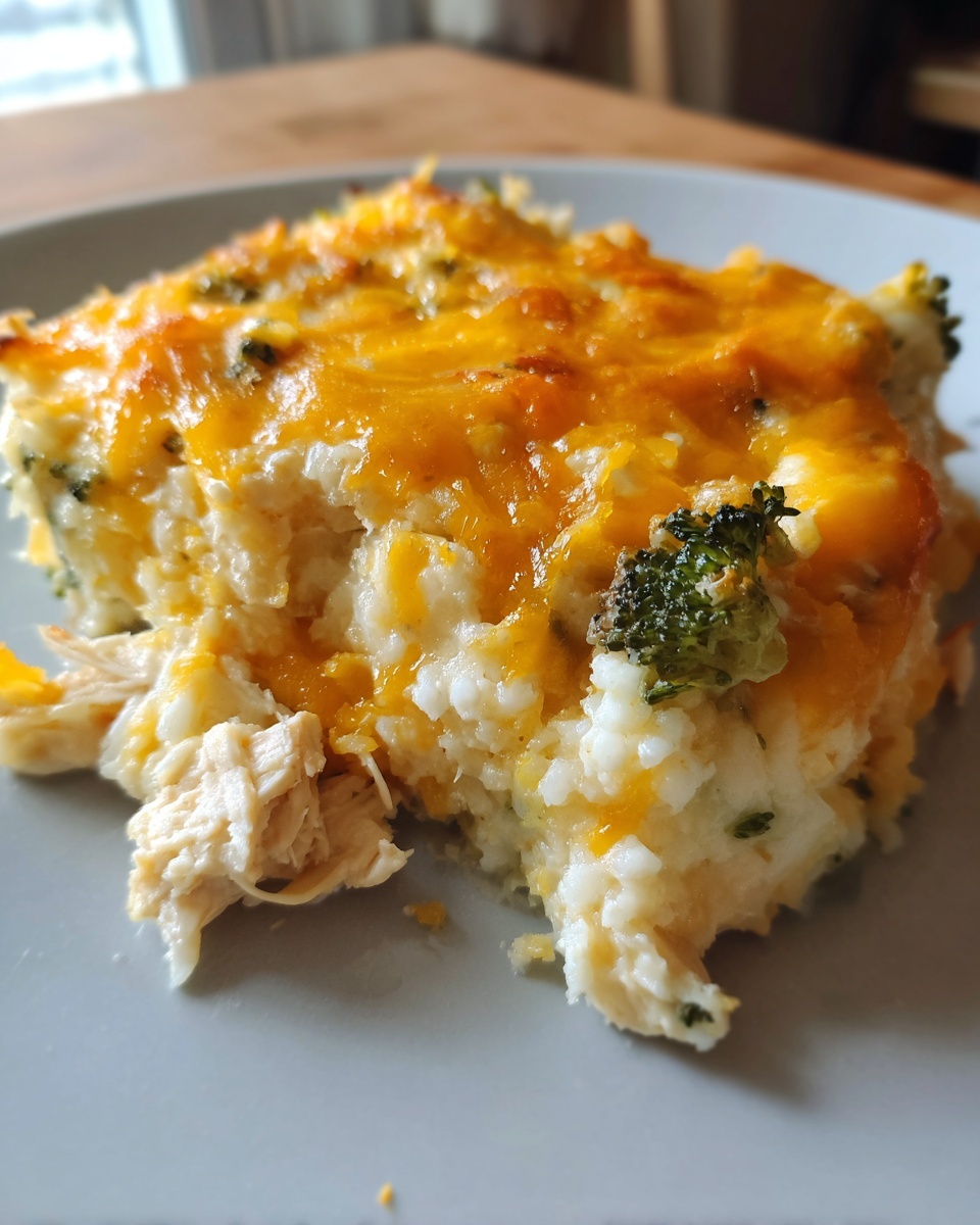 A close-up of a serving of chicken cauliflower rice casserole topped with melted cheddar cheese and visible broccoli florets.