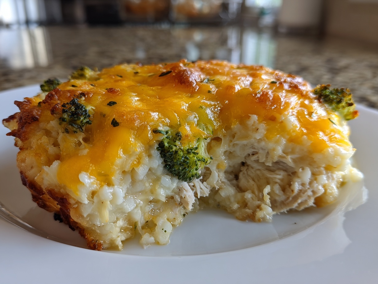 A close-up serving of chicken cauliflower rice casserole topped with melted cheddar cheese and broccoli florets.