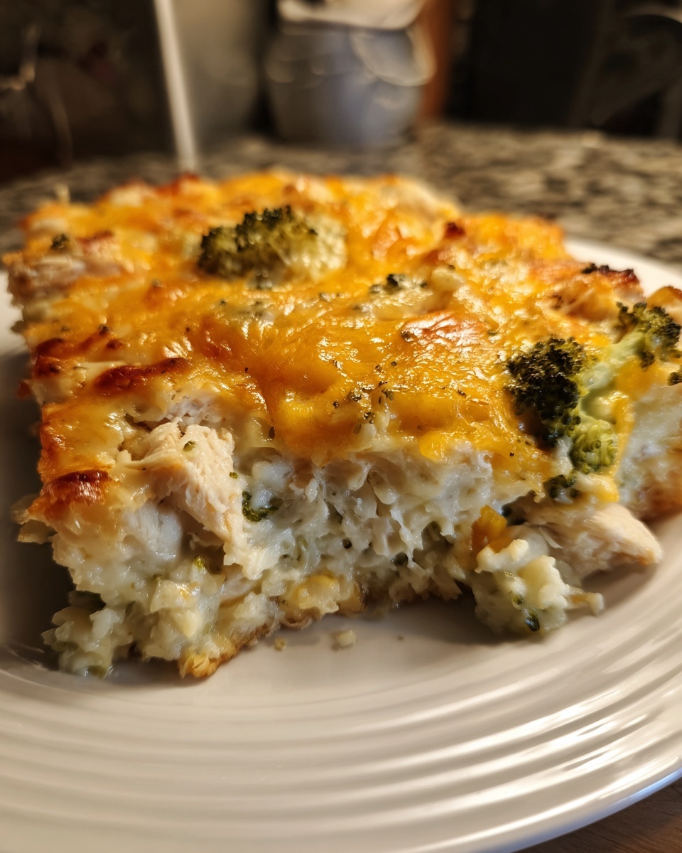 A close-up slice of creamy chicken cauliflower rice casserole topped with melted cheddar cheese and broccoli florets.