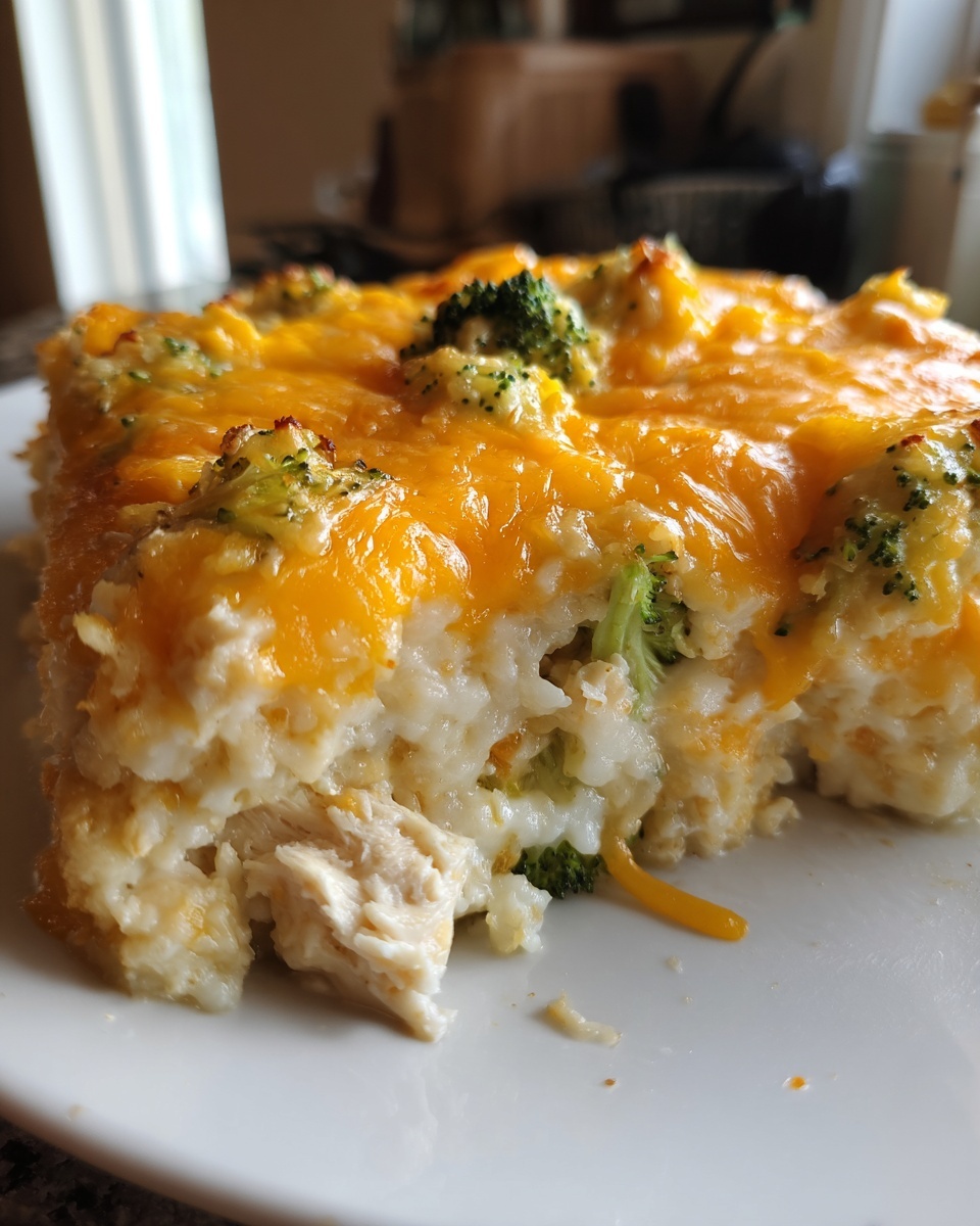 Close-up of a hearty slice of chicken cauliflower rice casserole topped with melted cheddar cheese and broccoli florets.