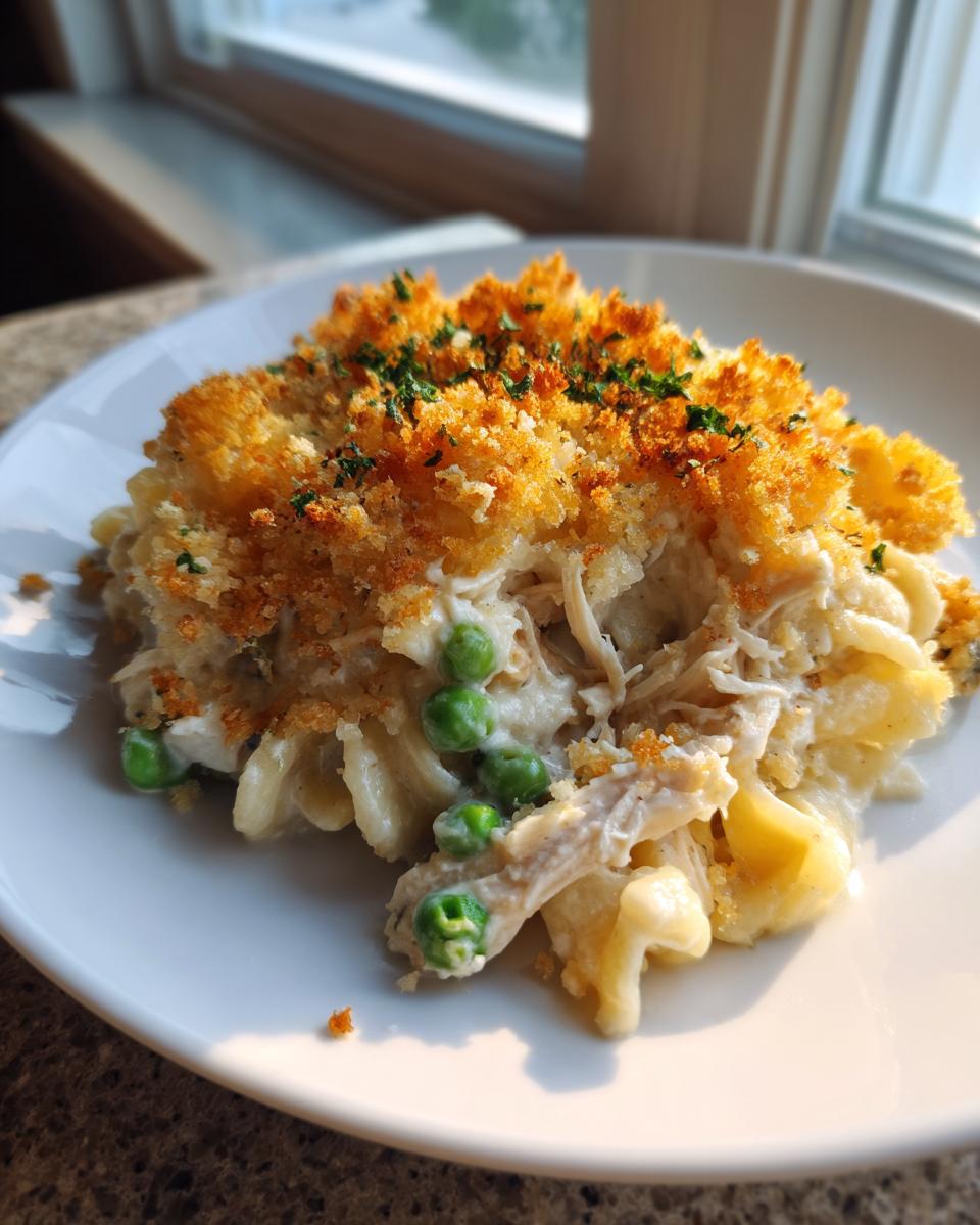 A close-up serving of creamy chicken noodle casserole with bright green peas and a golden, crunchy breadcrumb topping.