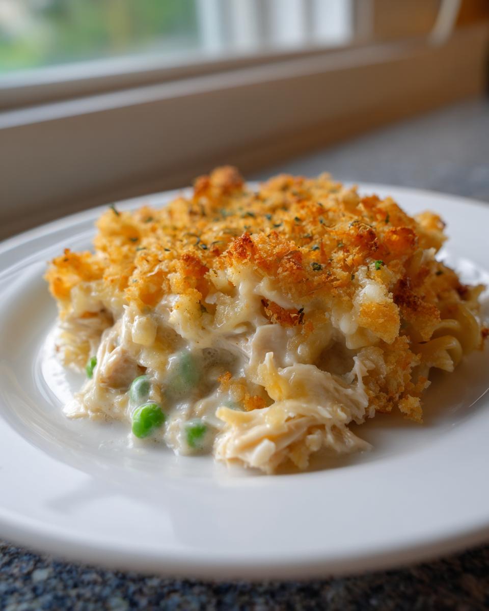 A close-up serving of creamy chicken noodle casserole with shredded chicken, peas, and a golden, crunchy breadcrumb topping.