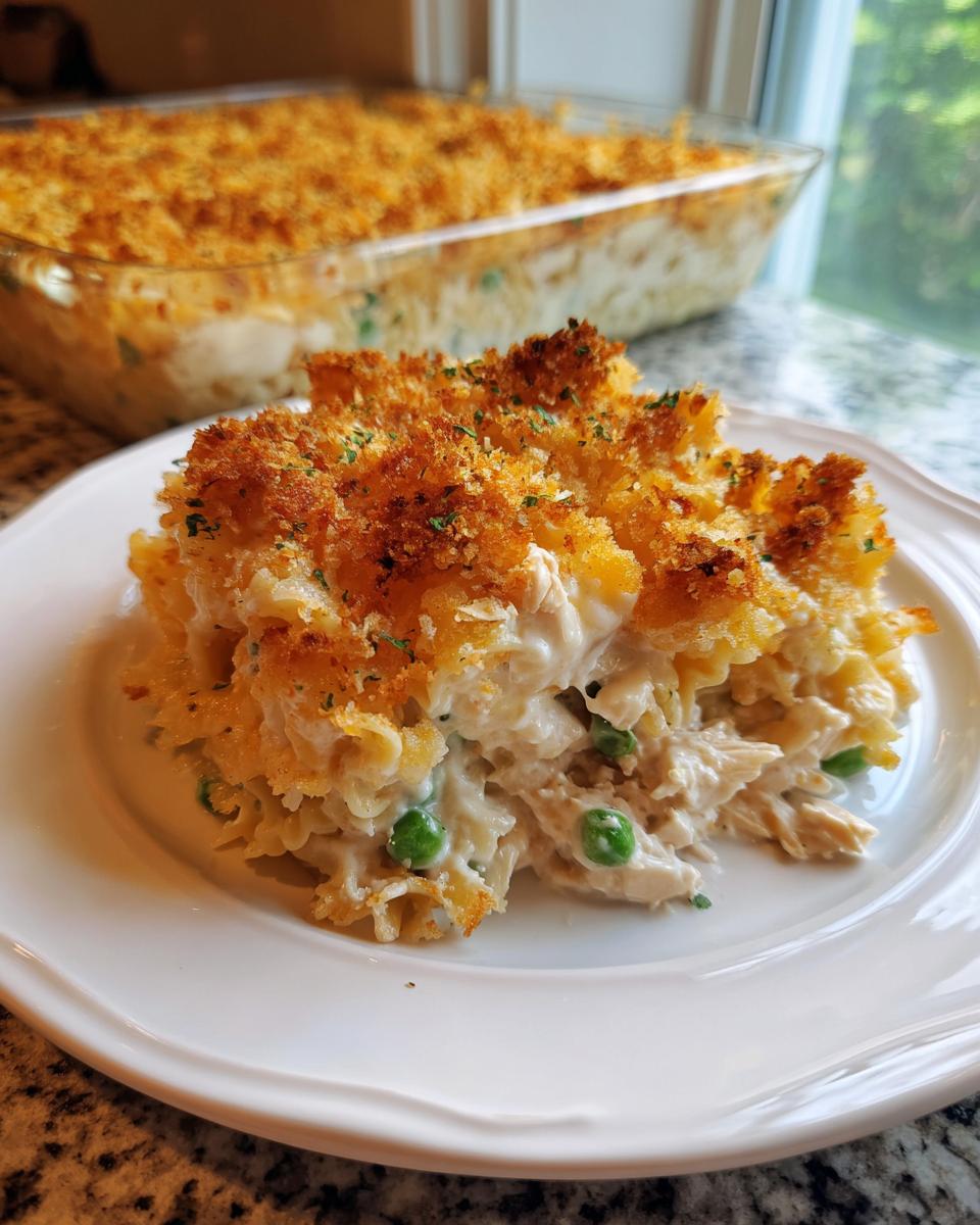 A close-up serving of creamy chicken noodle casserole topped with golden breadcrumbs.
