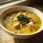 A close-up of a white bowl filled with vibrant chicken orzo soup, featuring chunks of chicken, carrots, and fresh parsley.