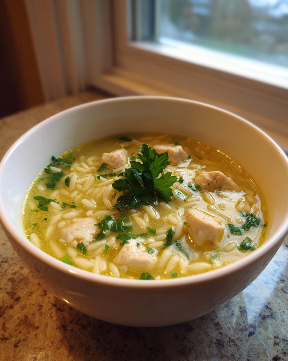 Close-up of a white bowl filled with savory chicken orzo soup, garnished with fresh parsley.
