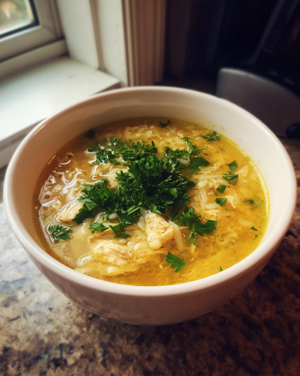 A close-up of a white bowl filled with rich, yellow chicken orzo soup, topped generously with fresh parsley.