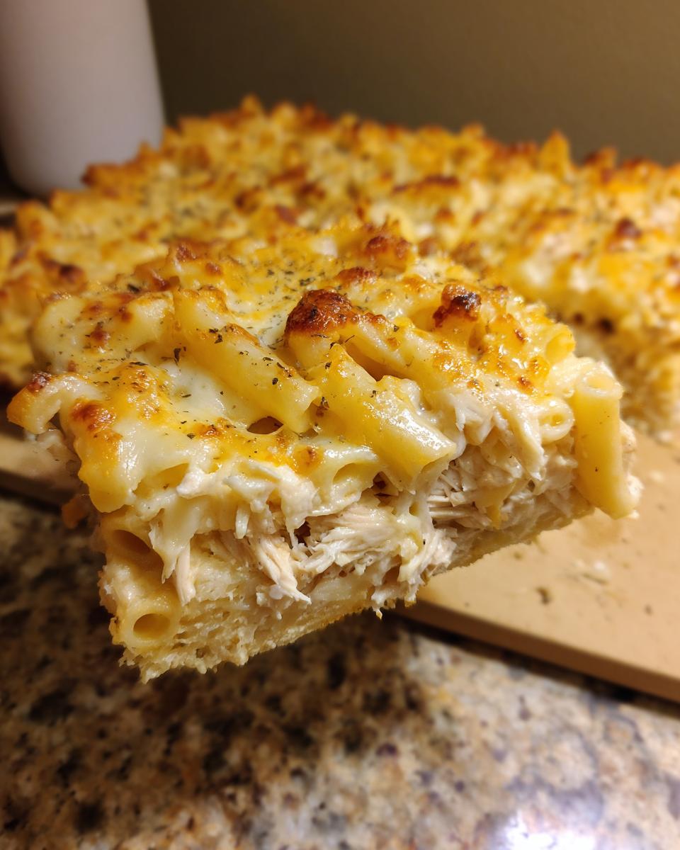 Close-up of a generous slice of chicken pasta bake being lifted, showing shredded chicken, creamy sauce, and a golden, cheesy crust.