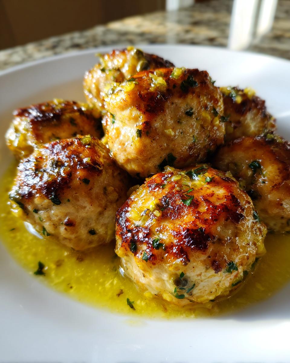 Close-up of pan-seared chicken piccata meatballs coated in a glistening lemon-caper sauce.