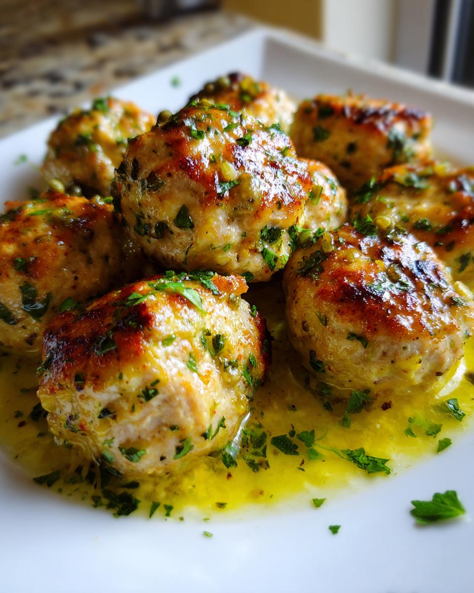 Close-up of golden-brown chicken piccata meatballs served in a bright lemon-butter sauce and topped with fresh parsley.