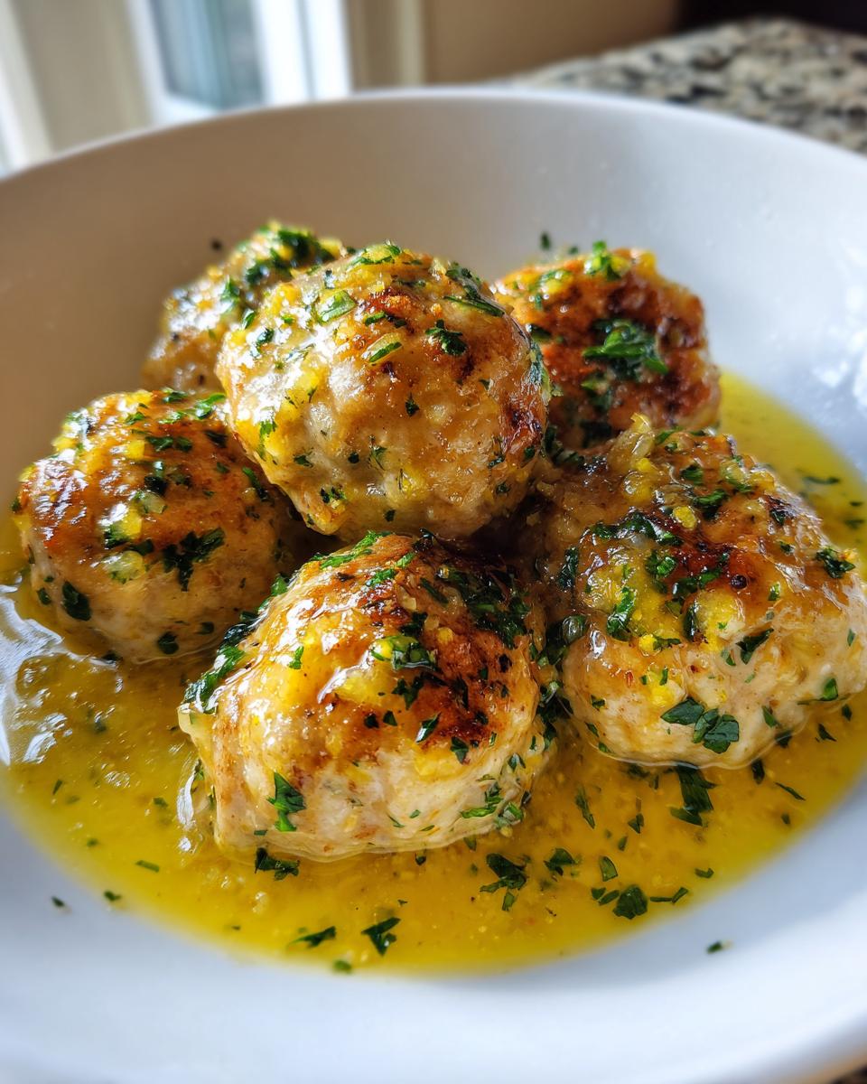Close-up of several golden brown chicken piccata meatballs swimming in a bright, buttery lemon sauce and topped with fresh parsley.