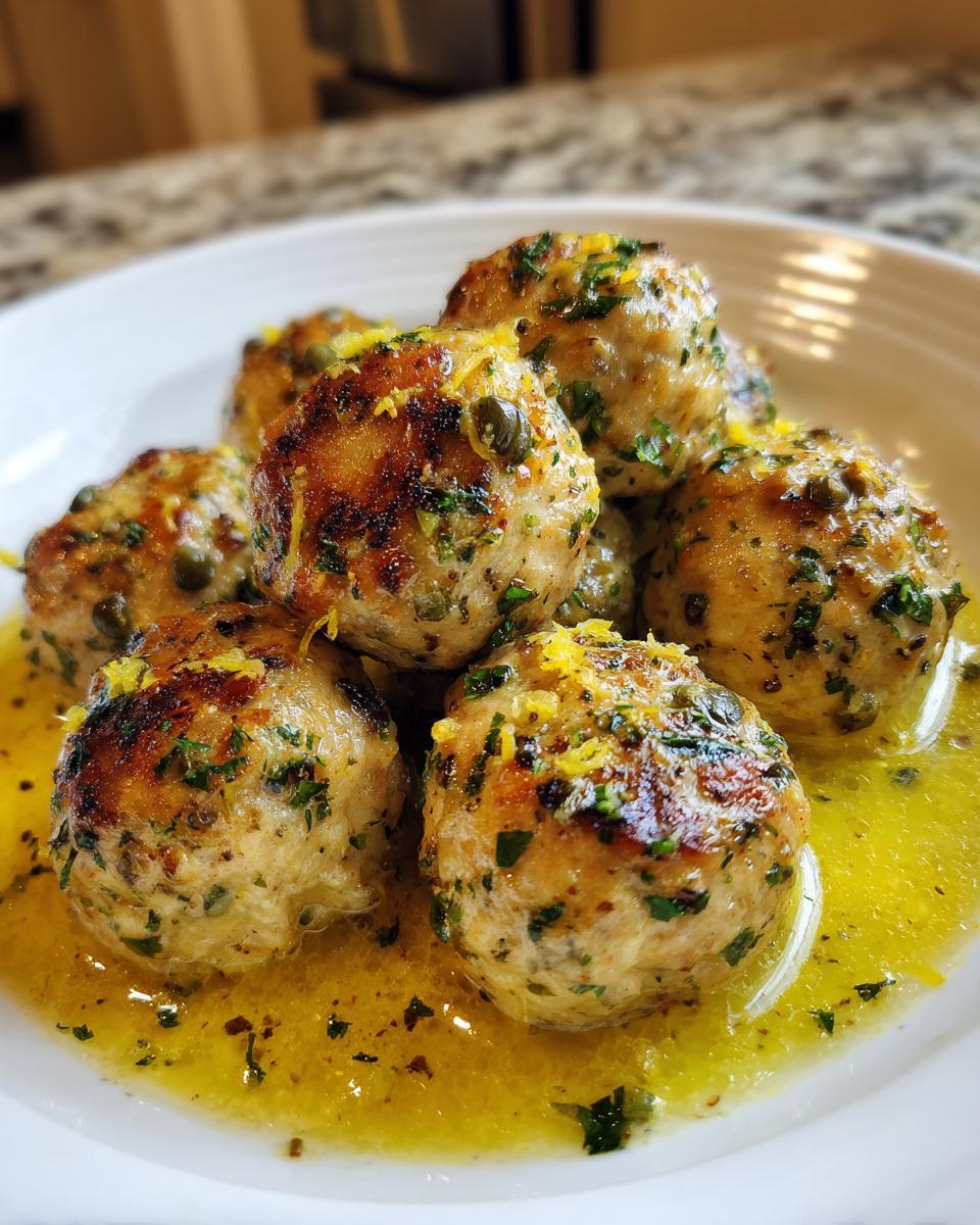 A close-up of several golden-brown chicken piccata meatballs served in a bright lemon-butter sauce.