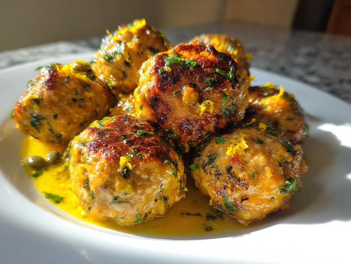 Close-up of browned chicken piccata meatballs served in a bright lemon-butter sauce with capers and parsley.