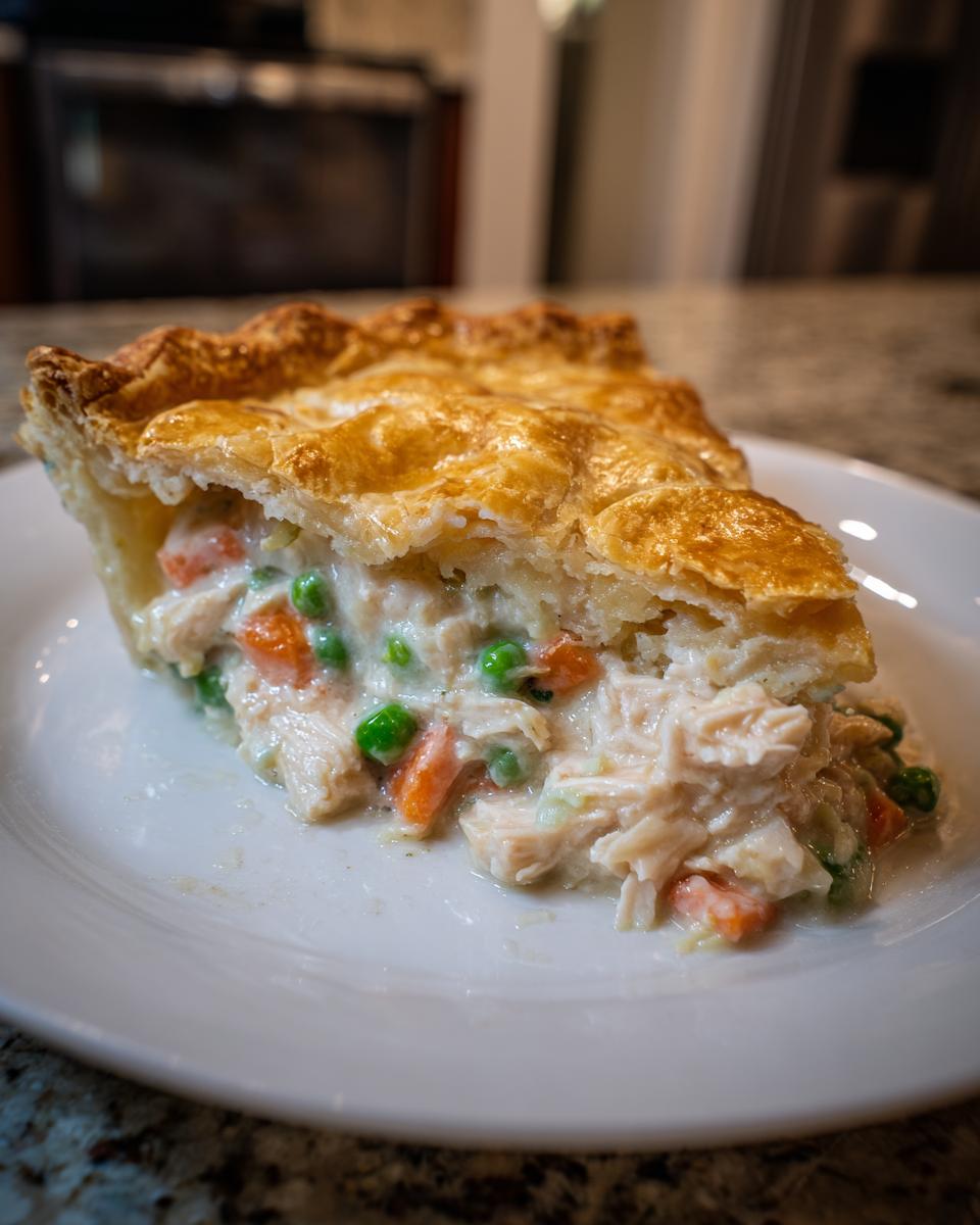 Close-up of a slice of chicken pot pie recipe showing flaky crust and creamy filling with chicken, peas, and carrots.