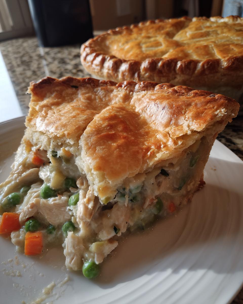 A generous slice of chicken pot pie recipe showing creamy filling with chicken, peas, and carrots under a flaky golden crust.