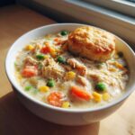 A creamy bowl of chicken pot pie soup loaded with shredded chicken, carrots, peas, and corn, topped with a golden biscuit.
