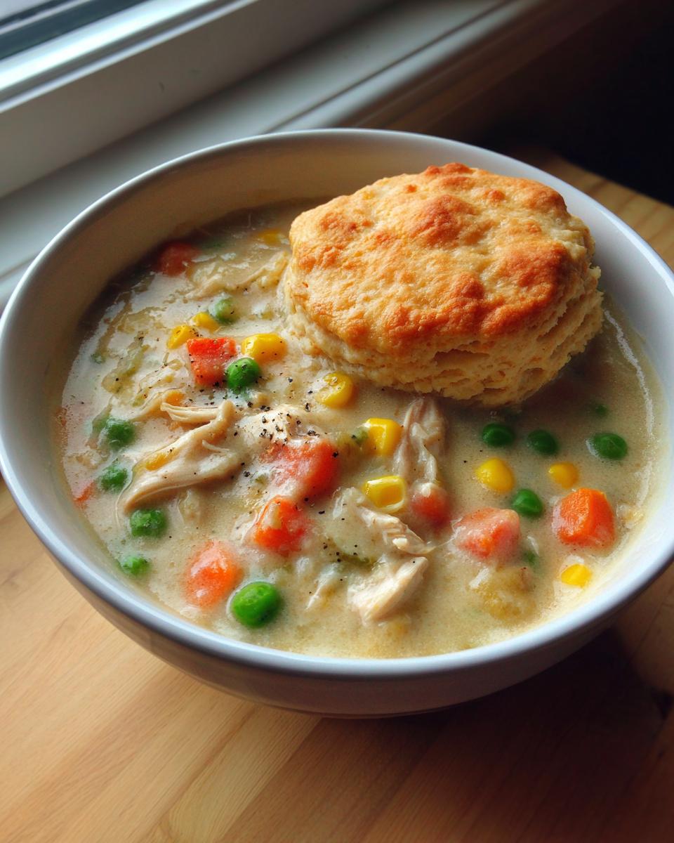 A creamy bowl of chicken pot pie soup topped with a golden biscuit, peas, carrots, and corn.