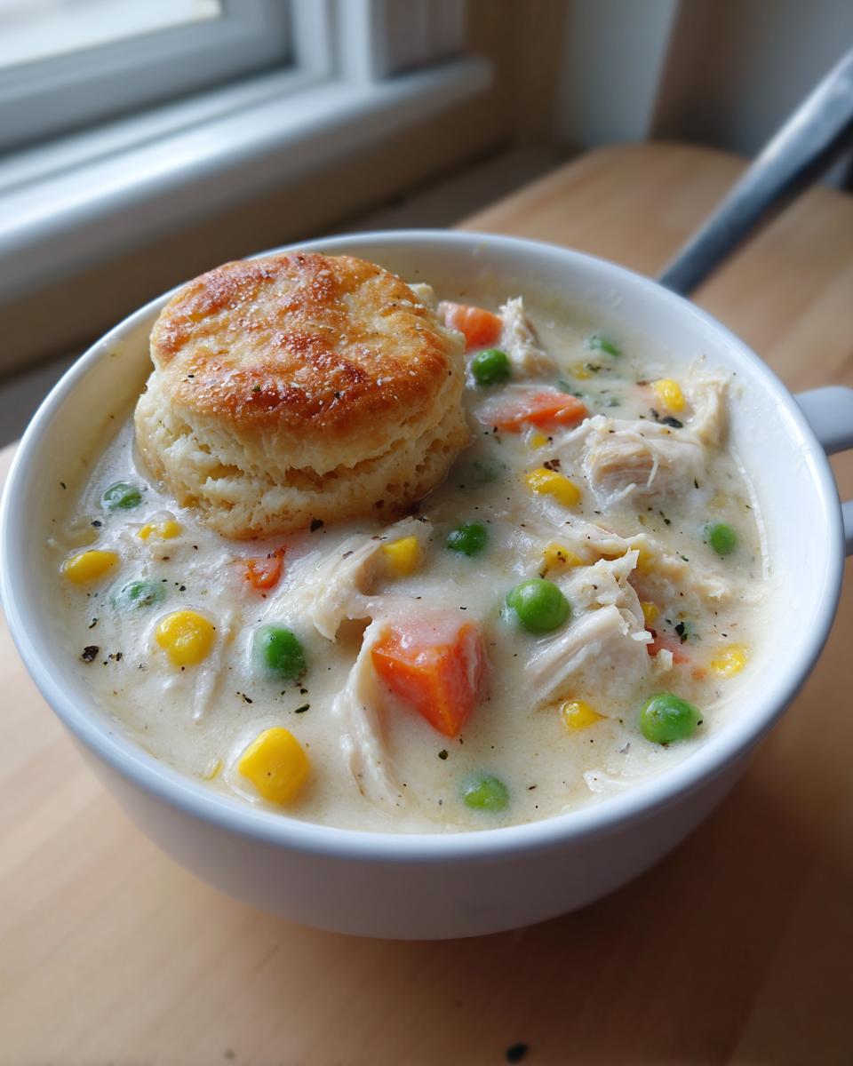A bowl of creamy chicken pot pie soup with carrots, peas, and corn, topped with a golden biscuit.
