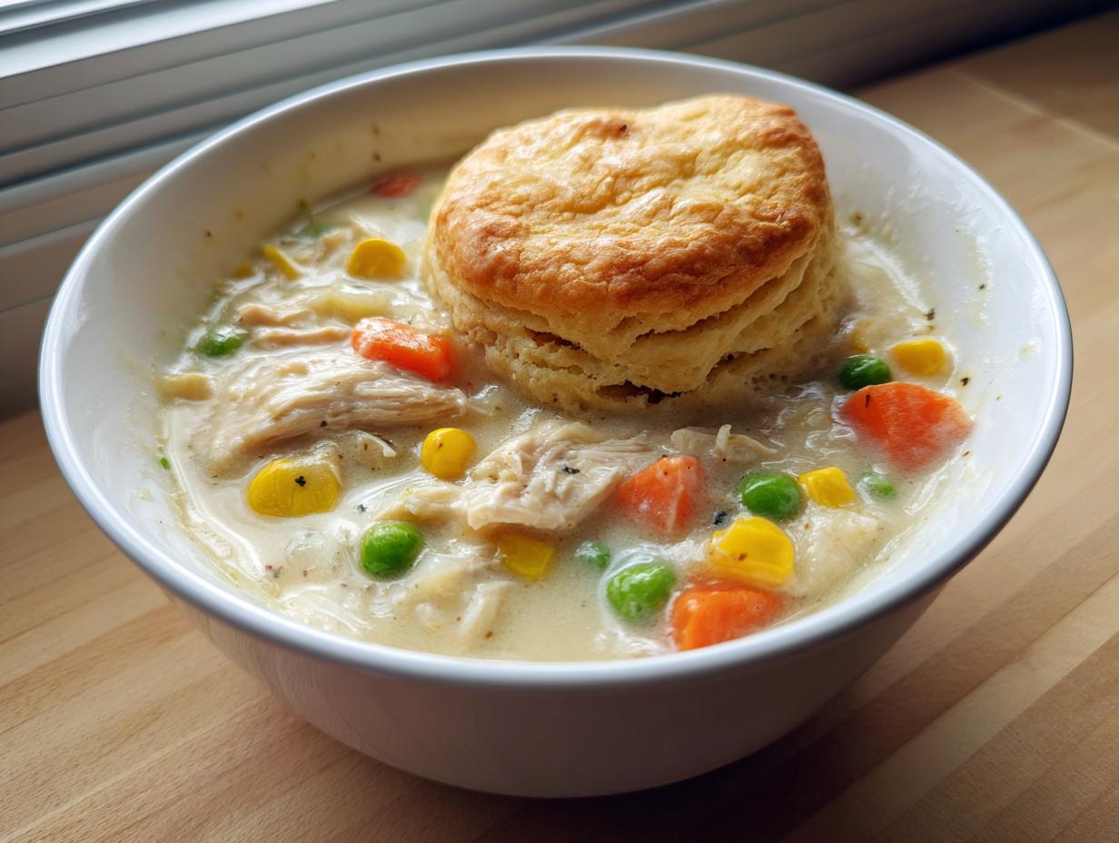 A bowl of creamy chicken pot pie soup filled with chicken, peas, carrots, and corn, topped with a golden biscuit.