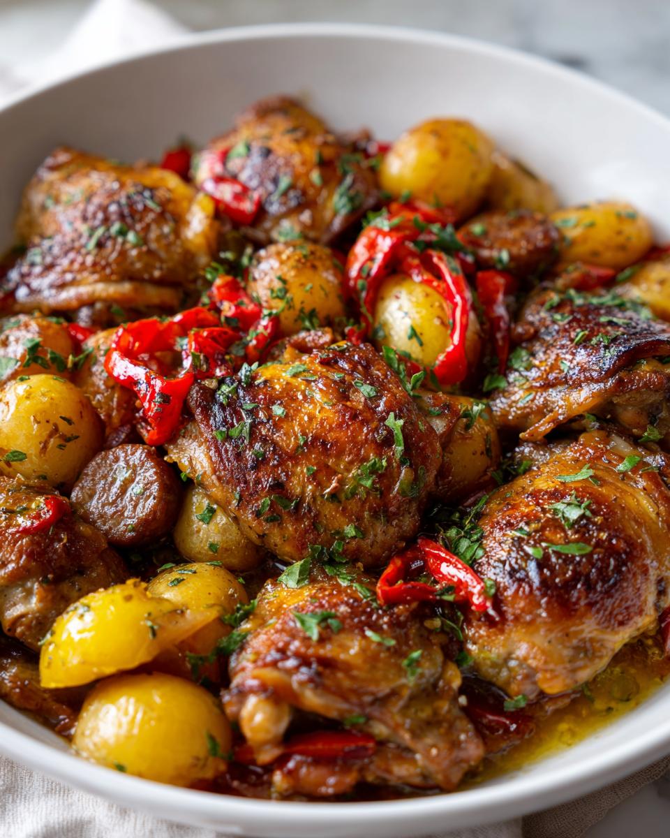 Close-up of crispy chicken scarpariello thighs served with small roasted potatoes and red peppers.