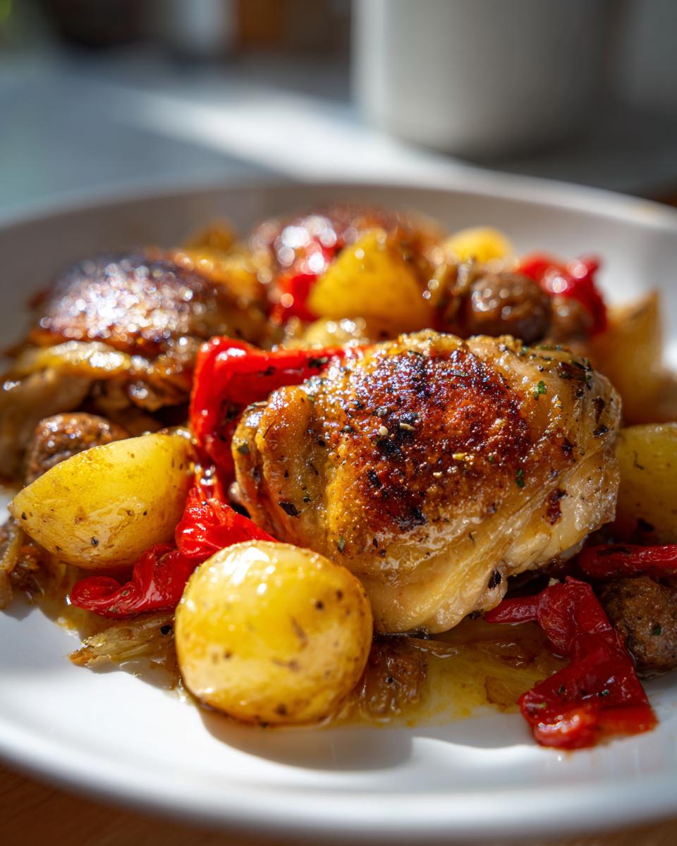 Close-up of crispy skin chicken scarpariello served with roasted potatoes and bright red peppers on a white plate.