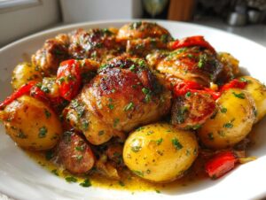 Close-up of juicy chicken scarpariello thighs served with roasted potatoes and red peppers in a savory sauce.