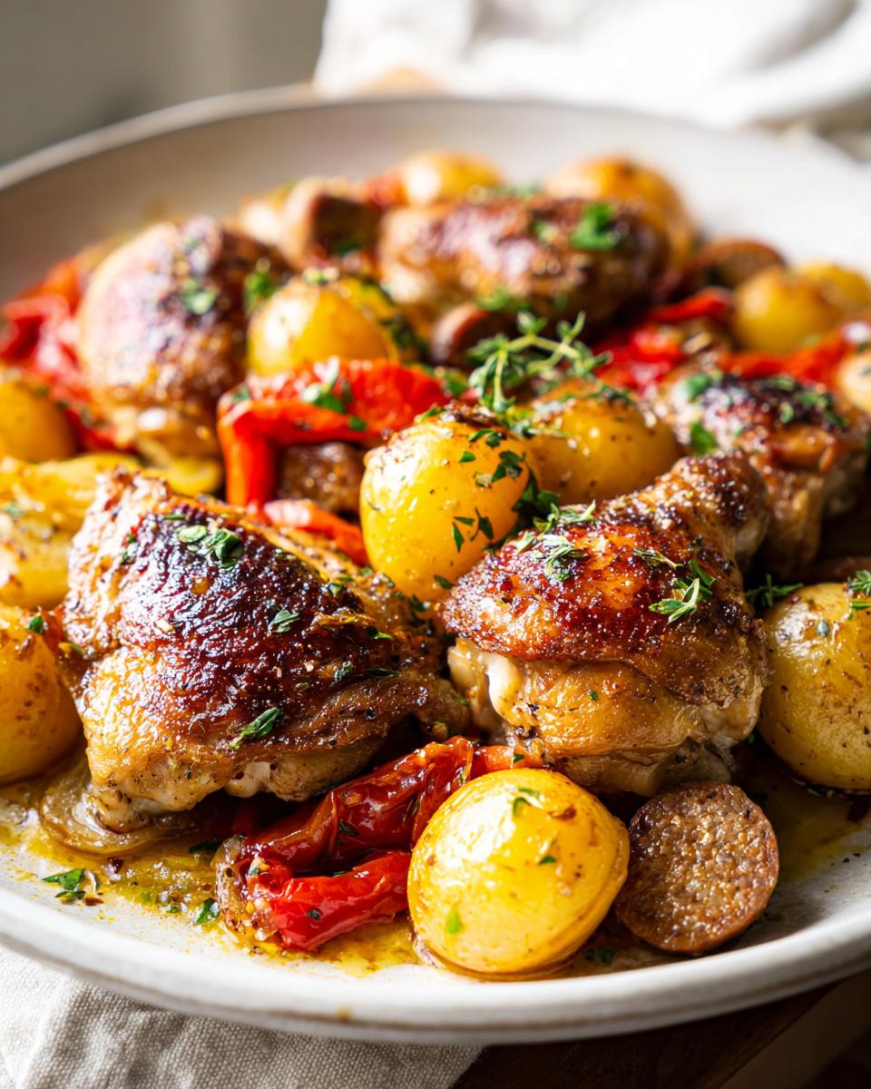 Close-up of juicy chicken scarpariello thighs with crispy skin, served with roasted yellow potatoes and red peppers.