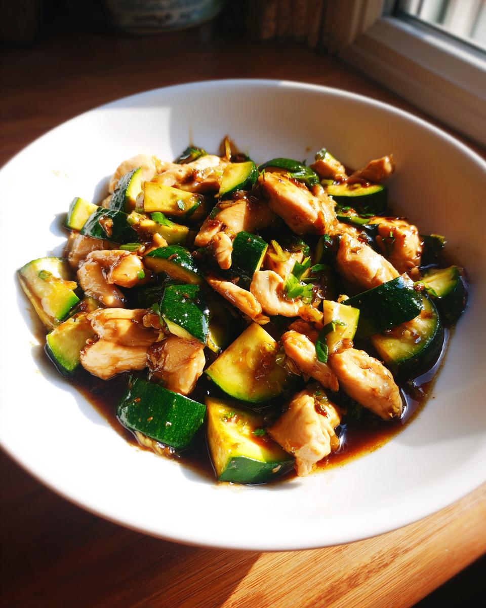 A bright, close-up shot of chicken zucchini stir fry coated in a dark sauce, served in a white bowl.