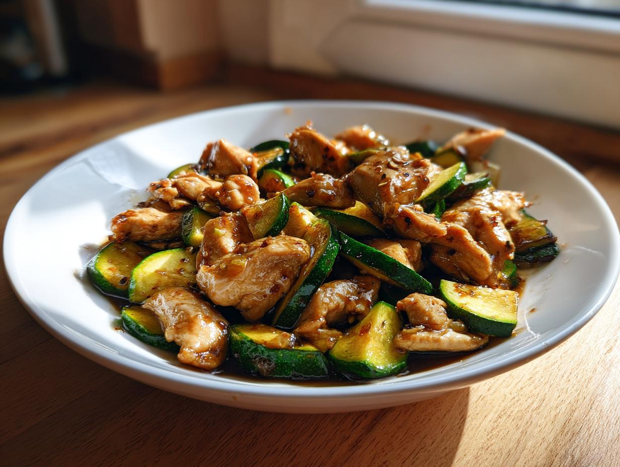 Close-up of delicious chicken zucchini stir fry pieces coated in a savory sauce, served on a white plate.