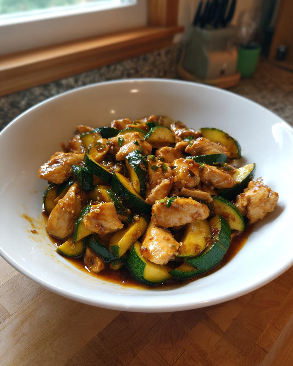 A white bowl filled with delicious chicken zucchini stir fry coated in a savory brown sauce.