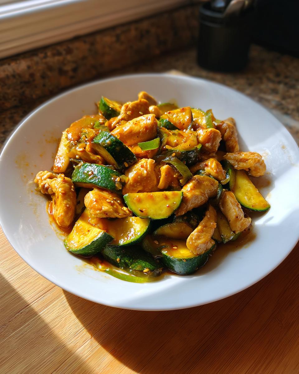 A white plate filled with glistening chicken zucchini stir fry, featuring sliced zucchini and chicken pieces coated in sauce.