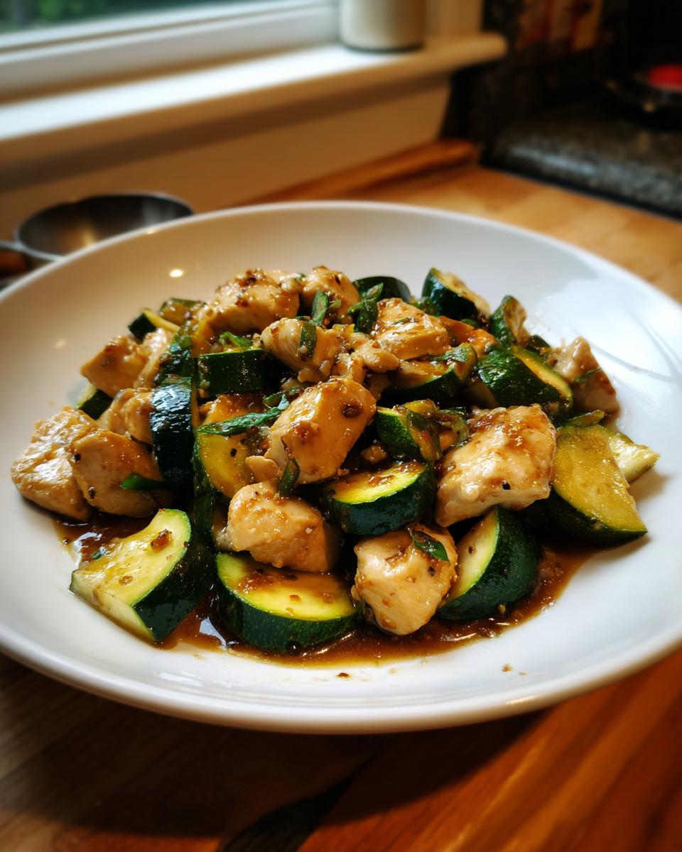 A white bowl filled with a delicious chicken zucchini stir fry coated in a savory brown sauce.