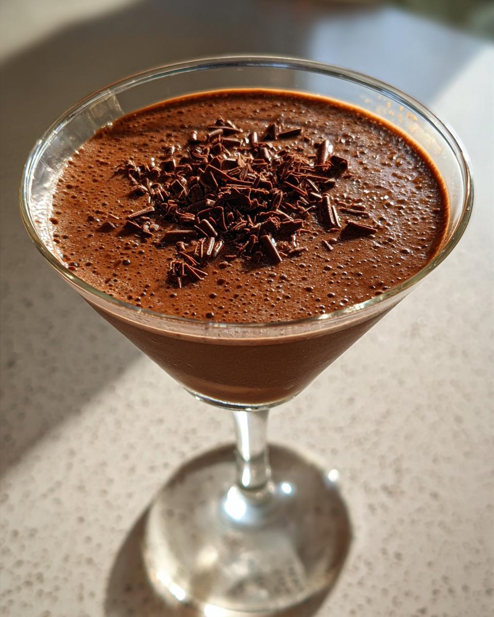 Close-up of a rich, frothy chocolate martini garnished with dark chocolate shavings in a coupe glass.