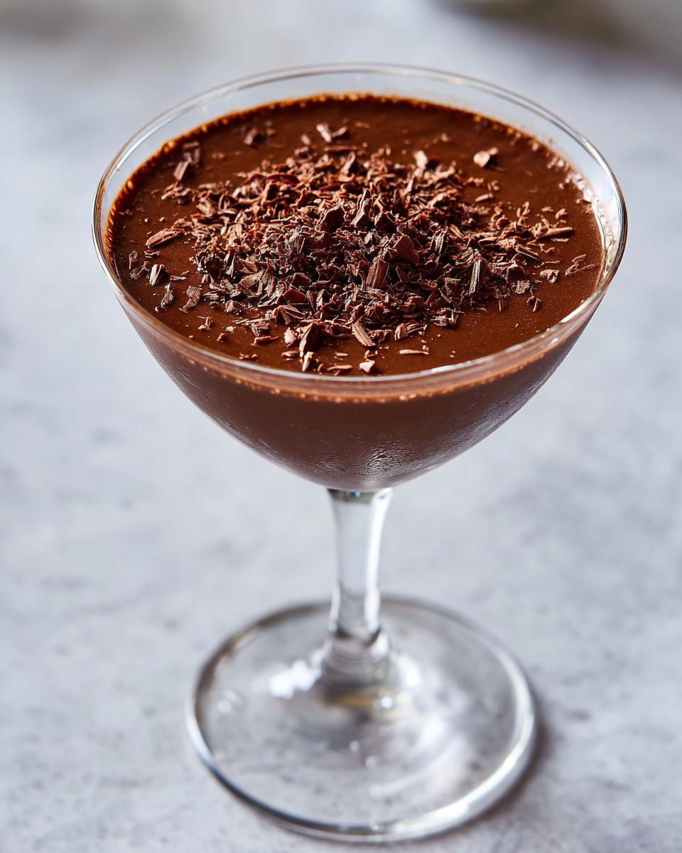 A chilled chocolate martini in a coupe glass, topped generously with dark chocolate shavings.