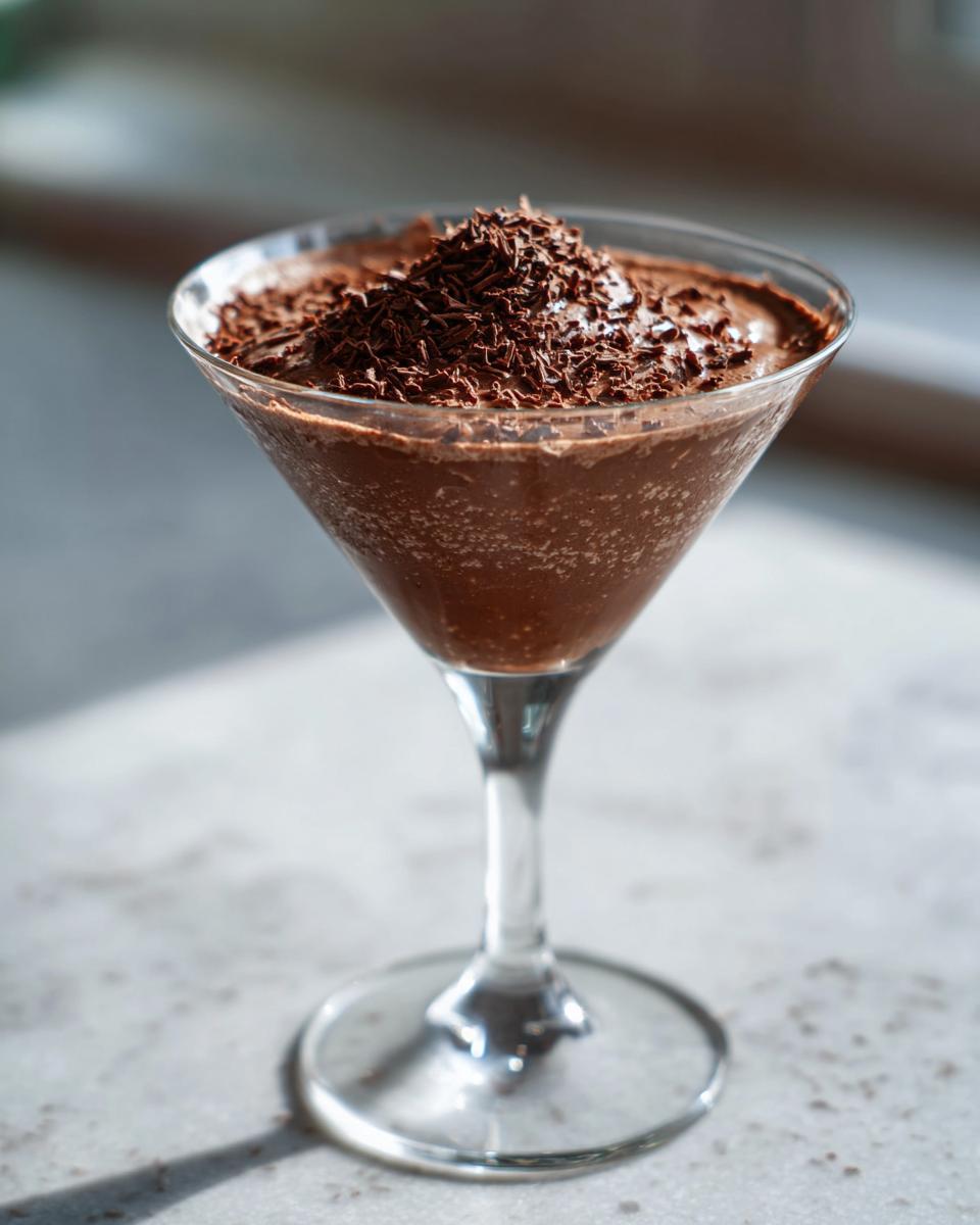 A rich, creamy chocolate martini served in a stemmed glass, topped generously with dark chocolate shavings.