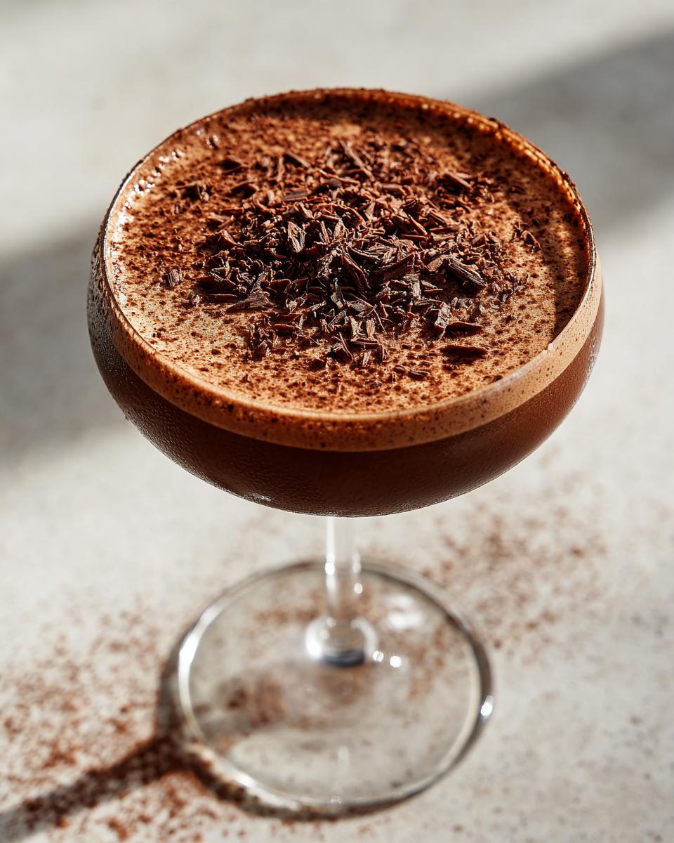 Close-up of a rich chocolate martini in a coupe glass, topped with dark chocolate shavings and cocoa powder.