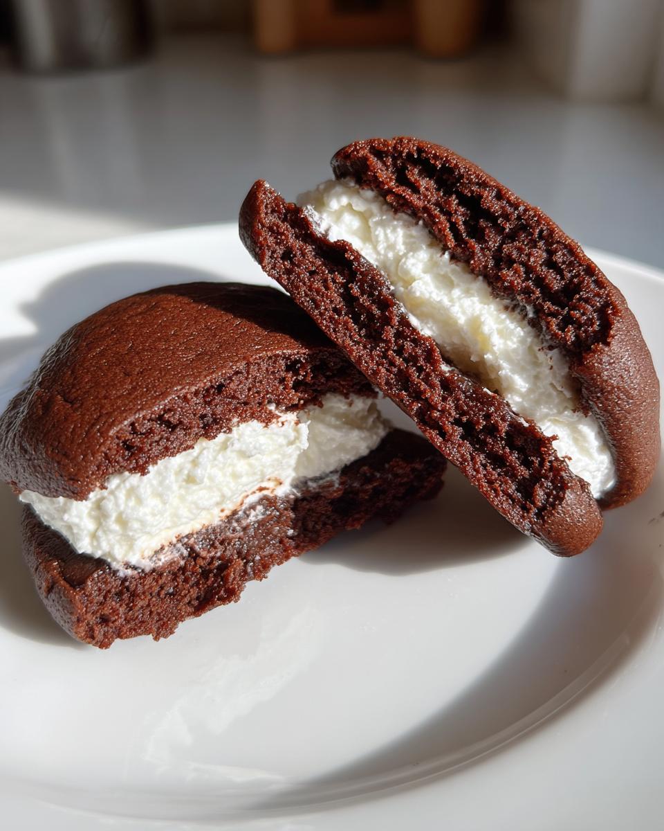Two delicious chocolate whoopie pies, one cut in half showing the thick white cream filling.