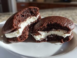 Two halves of a rich, dark chocolate whoopie pies, showing the thick white cream filling and a hint of chocolate ganache.