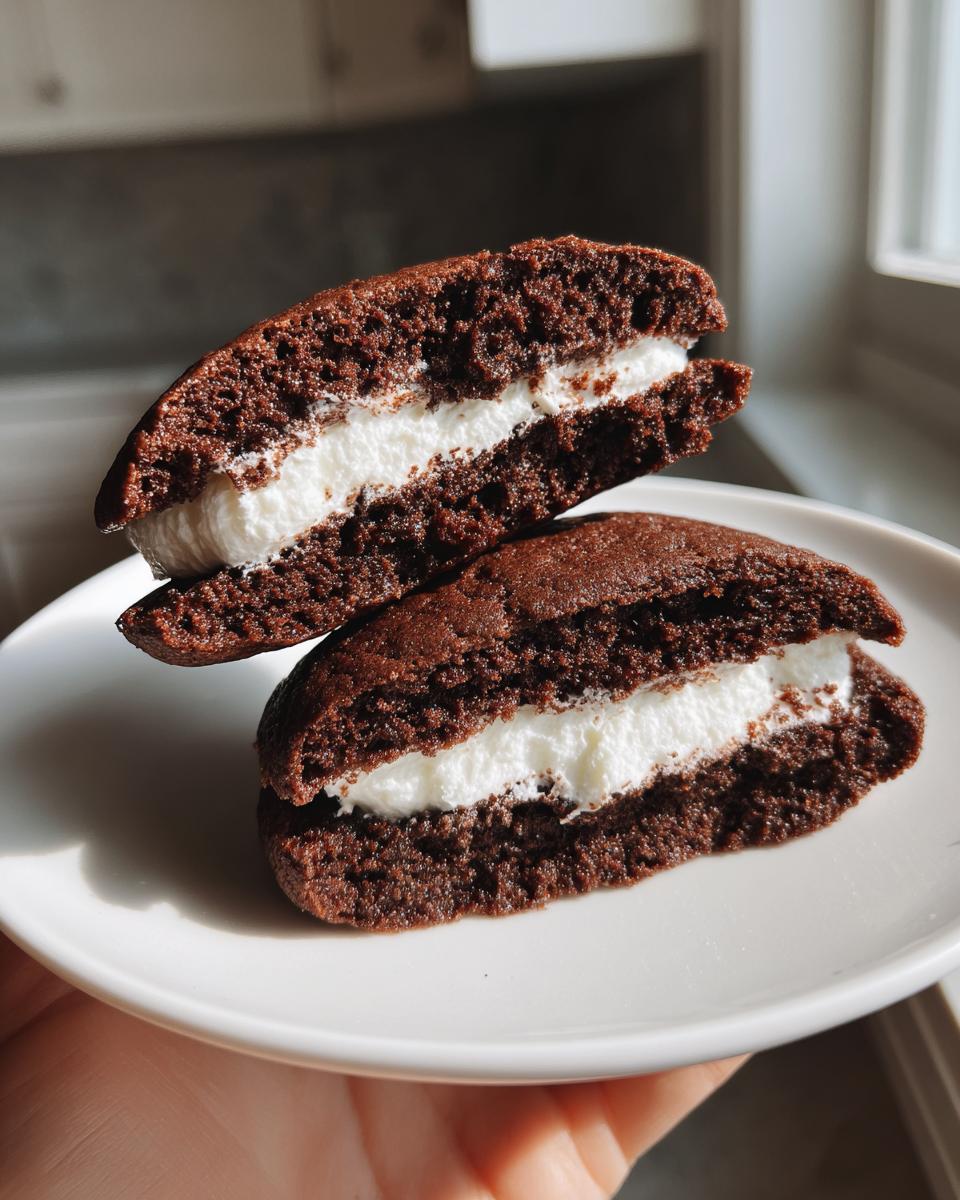 Two halves of a chocolate whoopie pie showing the fluffy white cream filling inside.