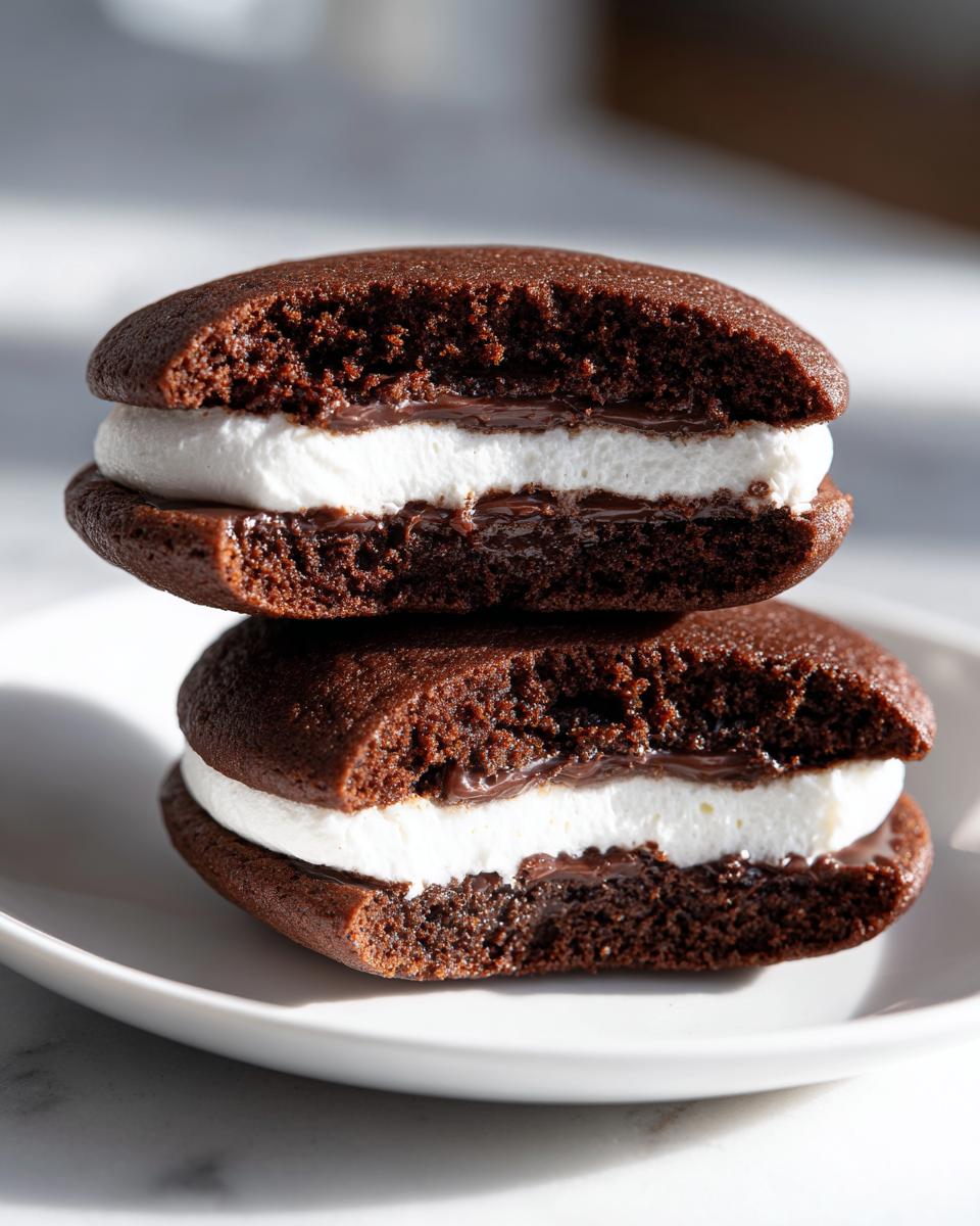 Two halves of chocolate whoopie pies stacked, showing the fluffy white filling and chocolate layer.