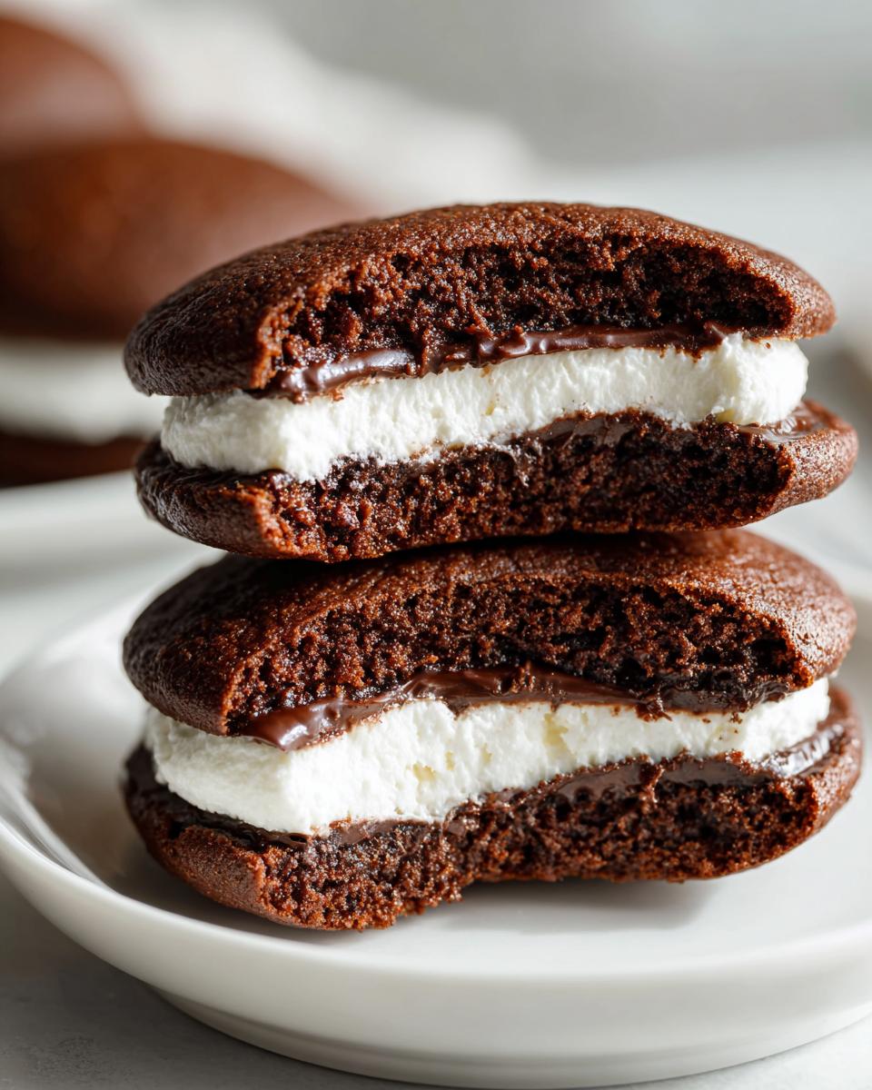 Two stacked chocolate whoopie pies cut in half showing rich dark cake and thick white cream filling.