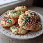 A pile of soft, crinkled christmas sprinkle sugar cookies topped with red, green, and white sprinkles.