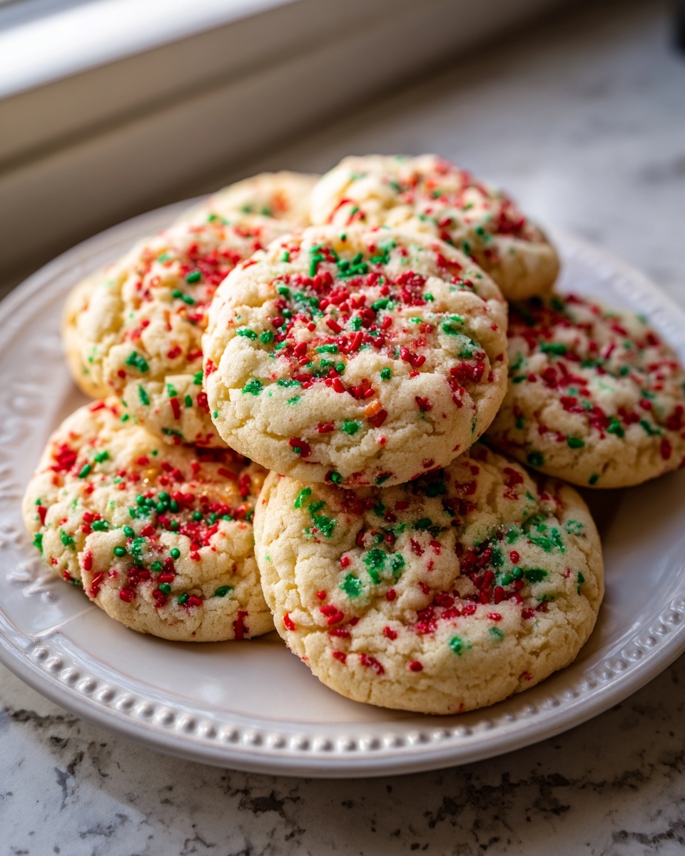 A stack of soft, round christmas sprinkle sugar cookies topped with red and green sprinkles on a white plate.