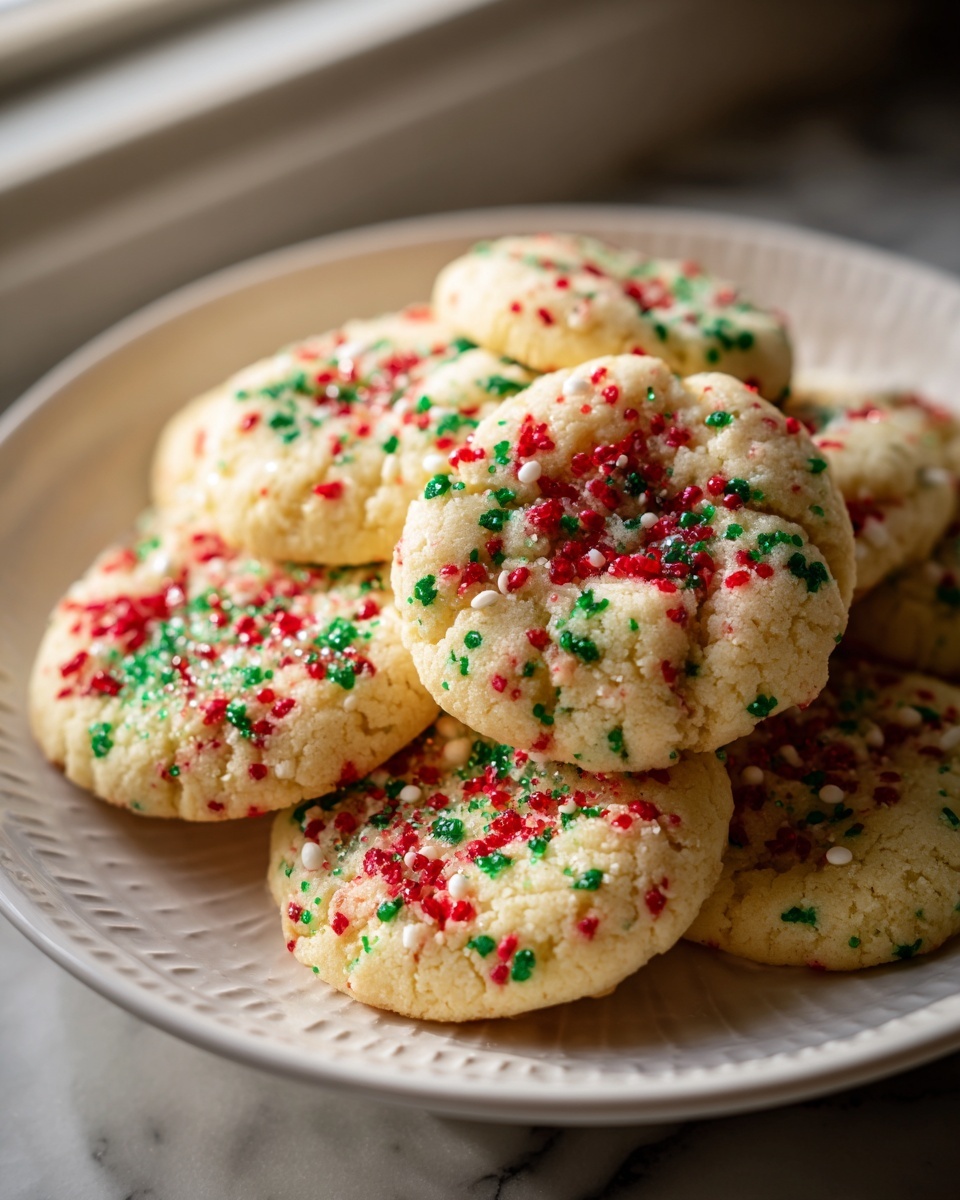 A stack of soft christmas sprinkle sugar cookies topped with red and green holiday sprinkles on a white plate.
