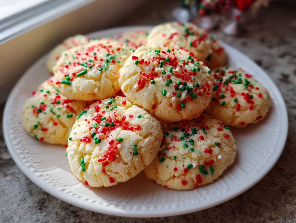 A white plate stacked with soft, crinkled christmas sprinkle sugar cookies topped with red, green, and white holiday sprinkles.