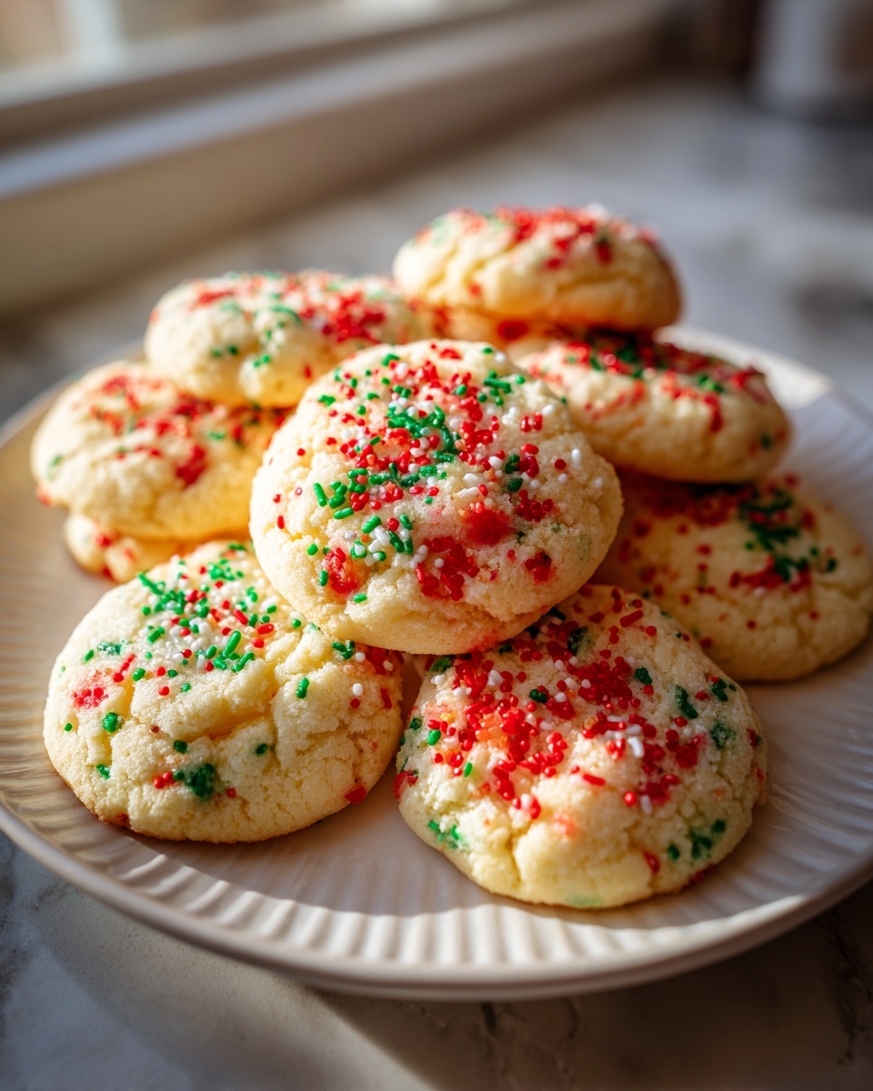 A stack of soft, round christmas sprinkle sugar cookies topped with red, green, and white sprinkles on a white plate.