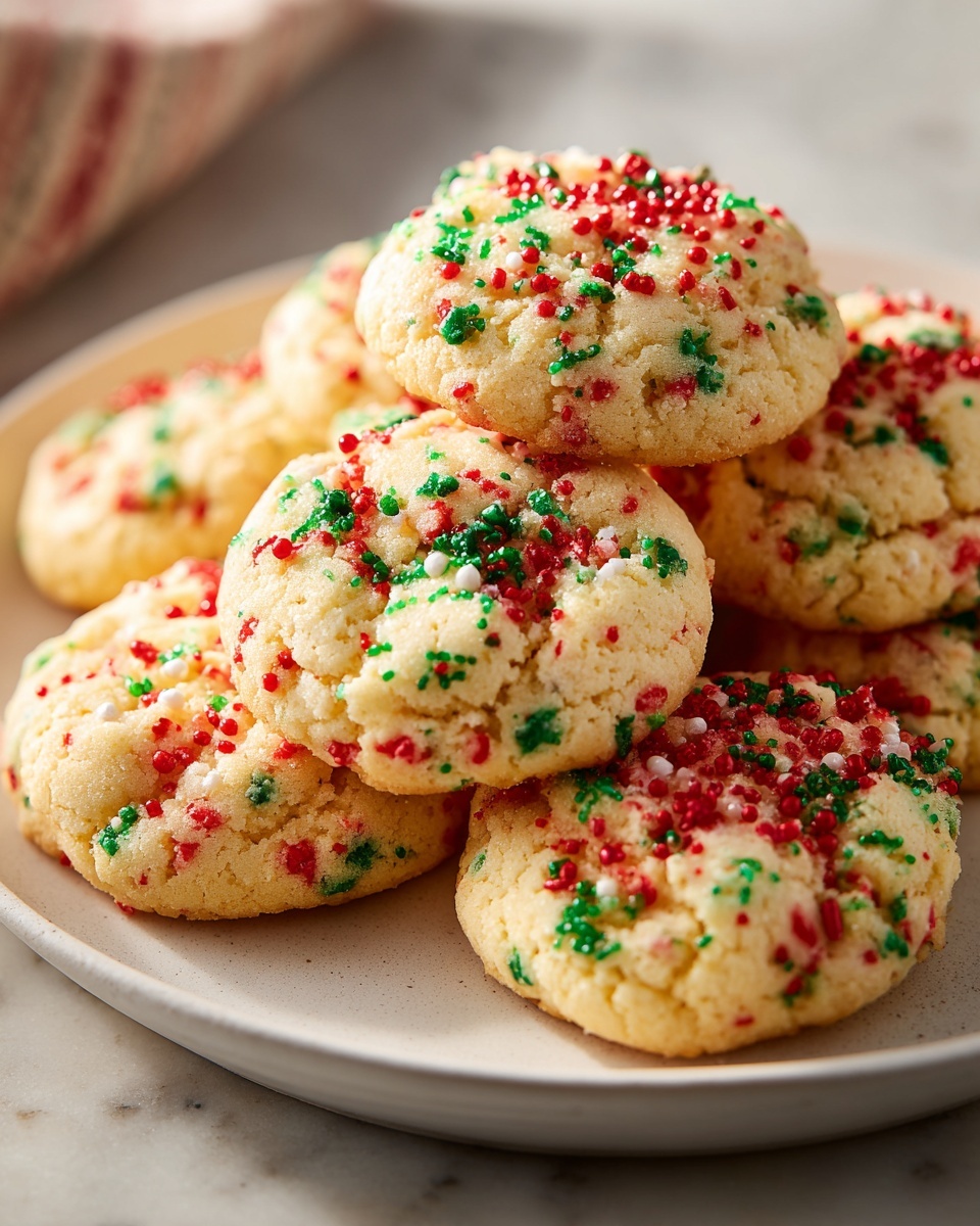 A close-up stack of soft, freshly baked christmas sprinkle sugar cookies topped with red and green holiday sprinkles.